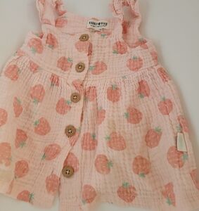 Rabbit Bear Baby Girls Crinkle Organic Cotton Strawberry Print Dress 3-6M